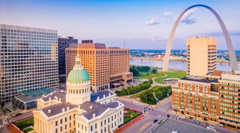 a view of the city of Saint Louis, MO with the gateway arch