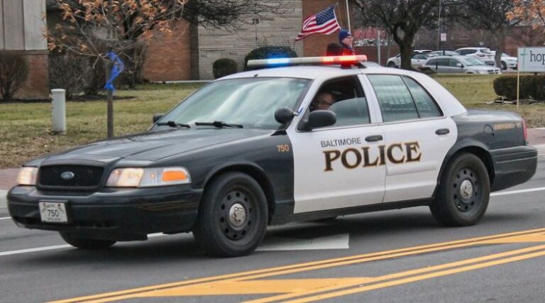 A police car drives down the street, proudly displaying an American flag on its rear.